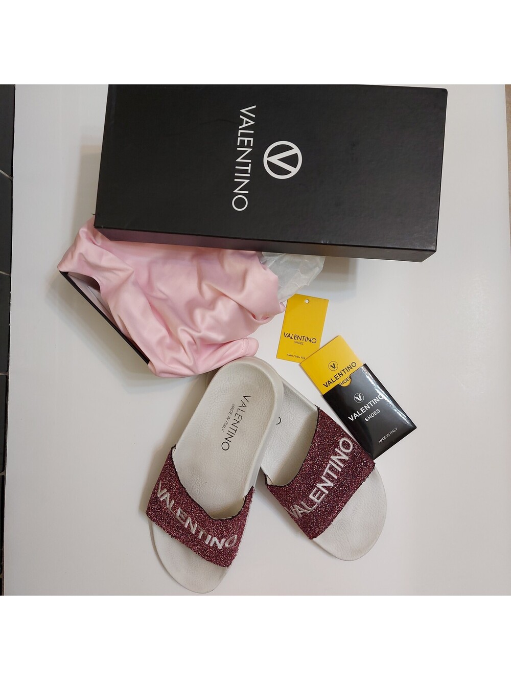 Valentino by Mario Valentino women's rubber glitter logo pool slides